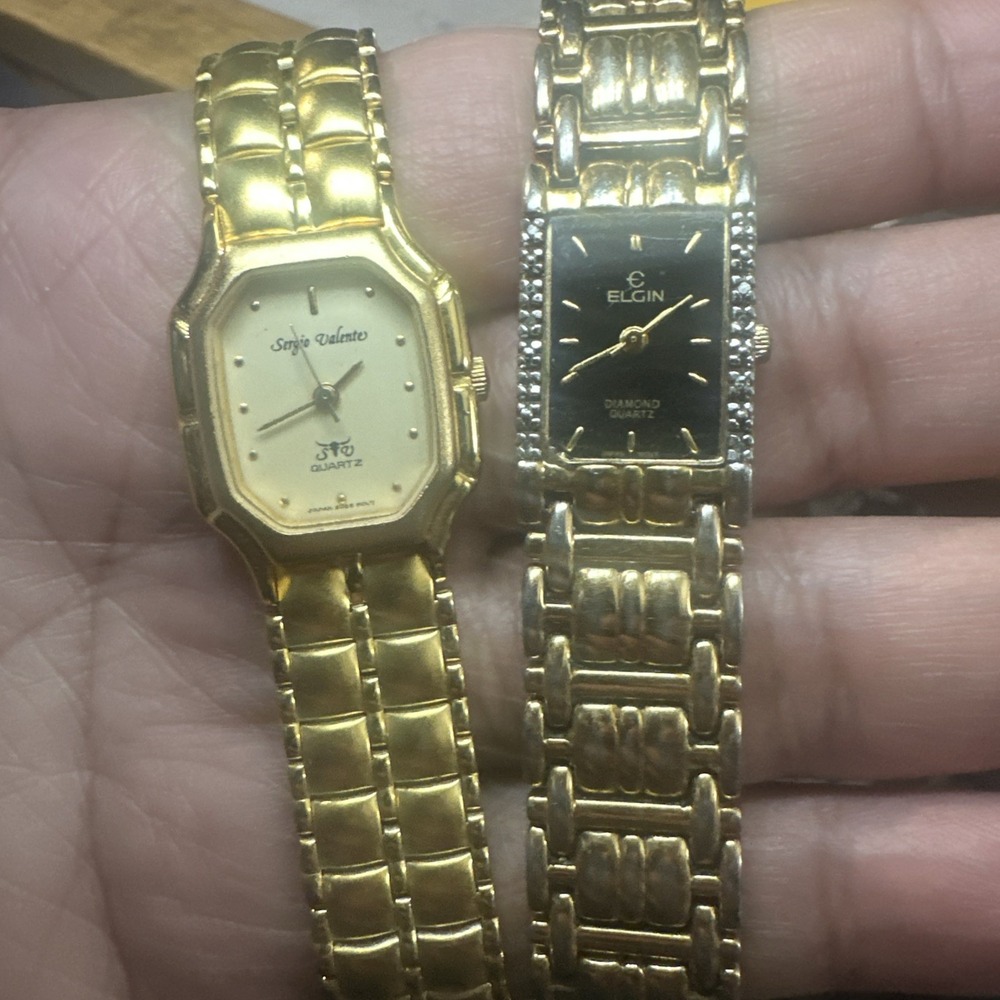 Lot Of 2 Ladies Elgin & Sergio Valente Watches Gold tone Fit 6.5in -One Working